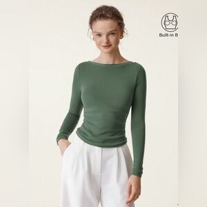 NWT - OGL Soft Cozy Eco Mousse Green Ruched Long Sleeve Boat Neck Bra Top Small